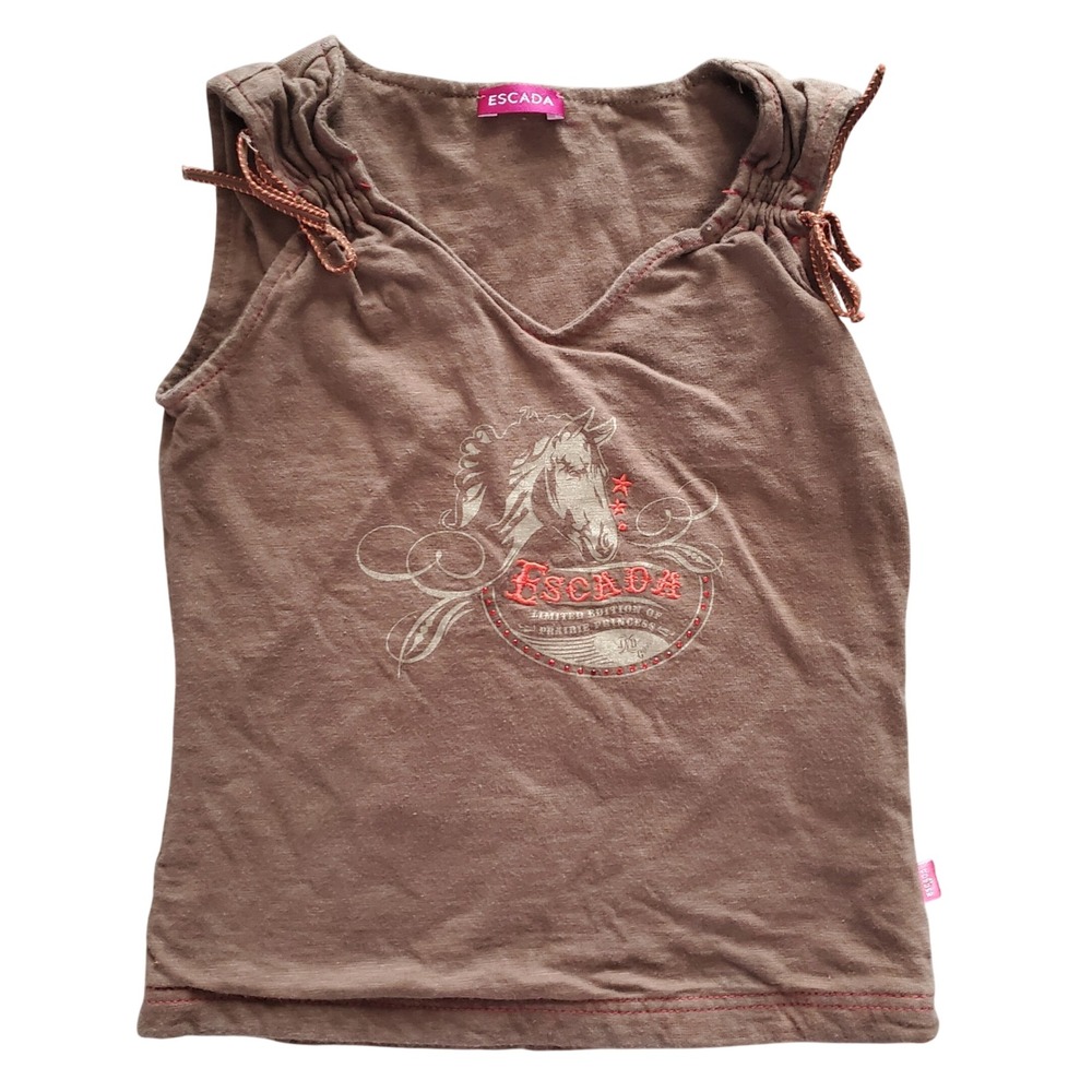 Escada Kids Brown Prairie Princess Horse Graphic Studded Top Size 8 France